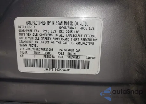 2007 Infiniti G35 Journey from USA, damaged, VIN JNKBV61E07M724005